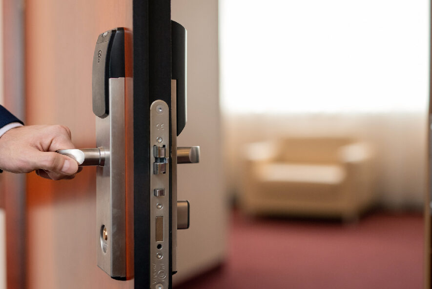 A high-security lock installed on a commercial office door