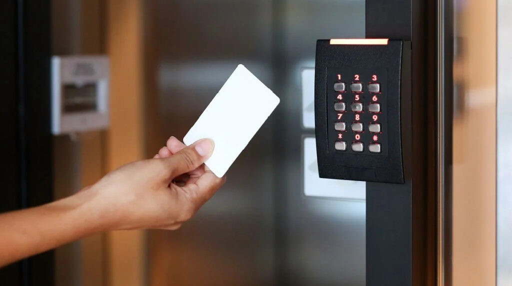 A modern smart lock installed on a home door