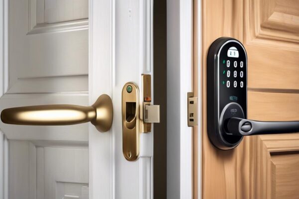 A side-by-side comparison of a traditional lock and a smart lock, highlighting security features offered by AdenKeys.