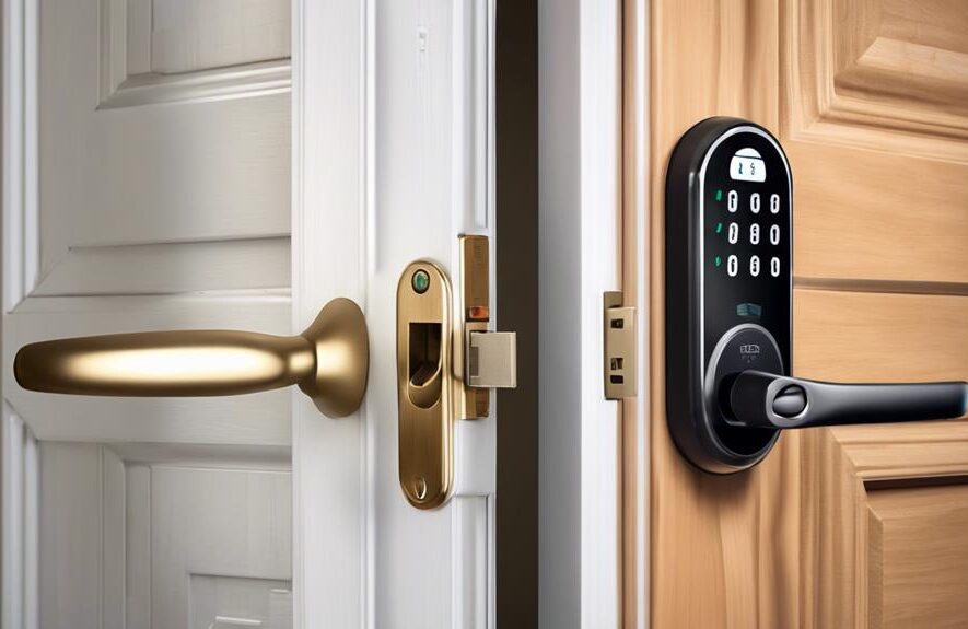 A side-by-side comparison of a traditional lock and a smart lock, highlighting security features offered by AdenKeys.